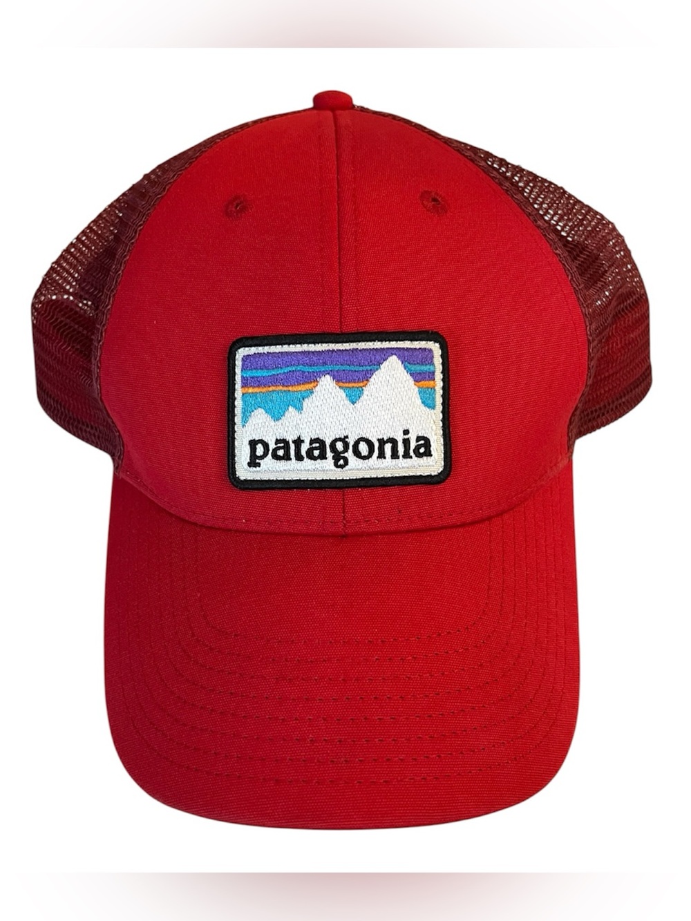 Patagonia Shop Sticker Patch LoPro Trucker Snapback Hat In Bright Red Mesh GUC